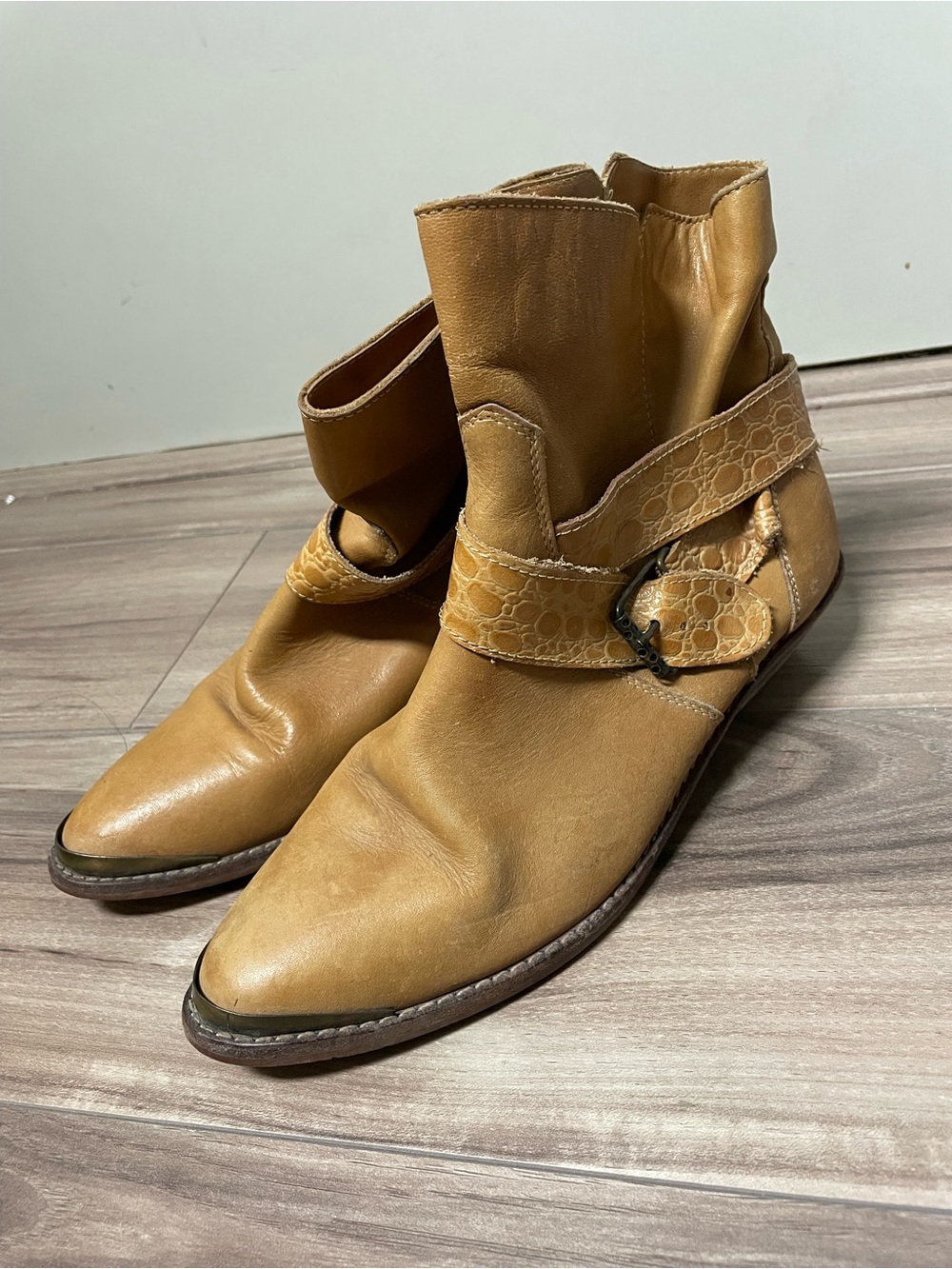 Women's Tan Leather Ankle Boots with Buckle Strap